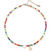 Mikovivi Initial Beaded Necklace, Colorful Cute Beaded Necklace with Heart Shells Stylish Letter Pendant Necklace Handmade Personalized A-Z Gifts for Women Girls (Letter A), 1024820