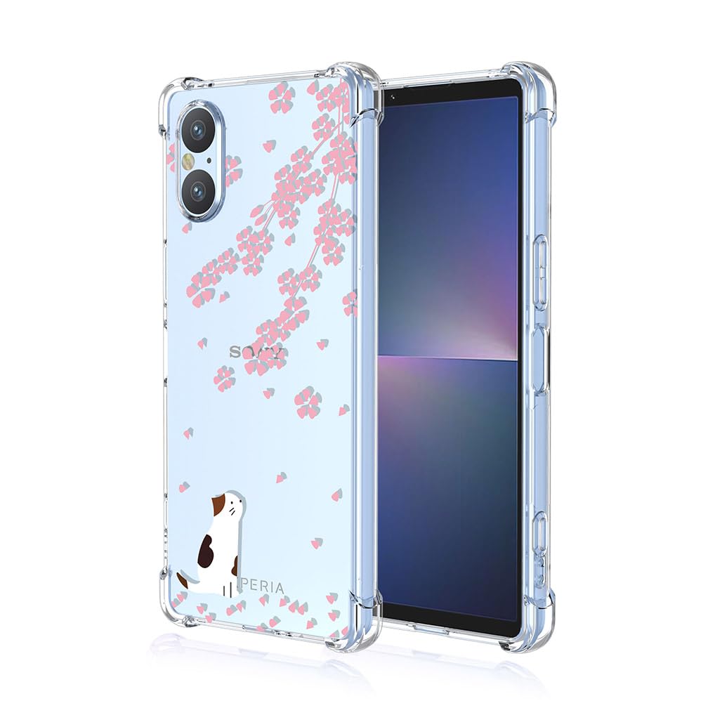 SEAHAI Case for Sony Xperia 5 V, Ultra Thin Soft Silicone Clear Back TPU Bumper Shockproof Cover Fashion Flowers Graphic Colorful Skin Slim Case - Sakura cat