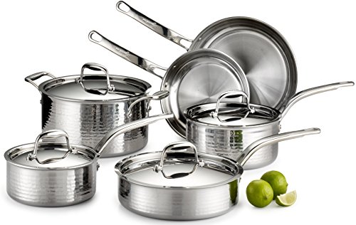 Lagostina Q553SA64 Martellata Tri-ply Hammered Stainless Steel Dishwasher Safe Oven Safe Cookware Set, 10-Piece, Silver