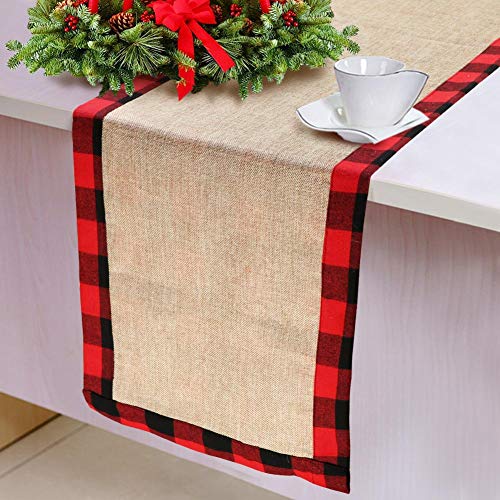 AerWo Buffalo Plaid Christmas Table Runner 14 x 72 Inch，Double Sided Red Black Buffalo Check and