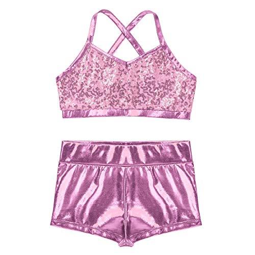 dPois Kids Girls' Polka Dot Strappy Top Bra with Shorts Set for Sports Workout Gymnastics Leotard Dancing Pink (Sequins) 8-10 - Thumbnail 3