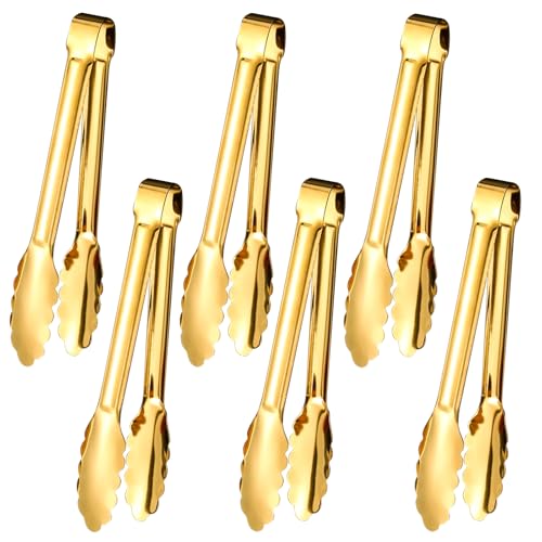 6pcs Stainless Steel Serving Tongs Gold or Silver Plated 9inch Heavy Duty Durable BBQ Clamps Design for Weddings Parties Banquets Buffets Family Gatherings Kitchen Cooking Serving Clip