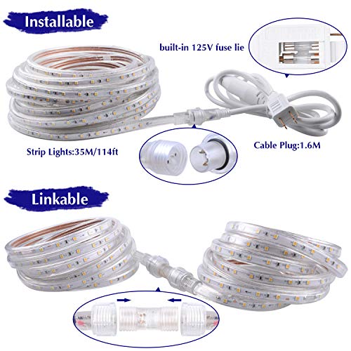 LED Strip Lights,Rope Light,Outdoor,Indoor,Waterproof,2100LEDS,114FT/35M,Warm White,Xmas Decorative,Plugin 110V, String Lighting, Flexible, SMD 2835,Connectable, Cuttable, Connector,Fuse Holder