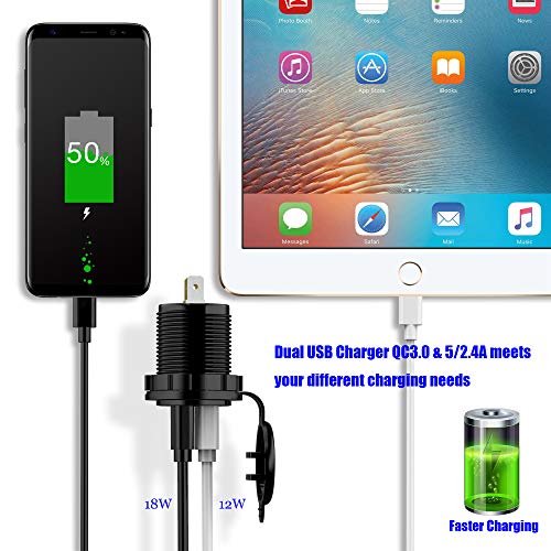 YonHan Quick Charge 3.0 Dual USB Fast Charger Socket, Waterproof Power Outlet QC 3.0 & 2.4A with LED Indicator & Wire Fuse DIY Kit for 12/24V Marine Boat Motorcycle ATV Bus Truck Golf Cart and More - Thumbnail 3