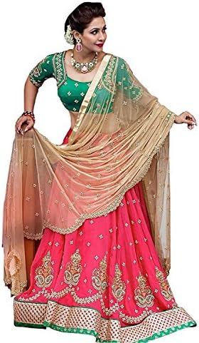 Shreebalaji Enterprise Women's Georgette Pink And Green Color Lehenga Choli (ShreeBalaji Pink And Green Leh_01 Pink And Green Coloured_Free Size)