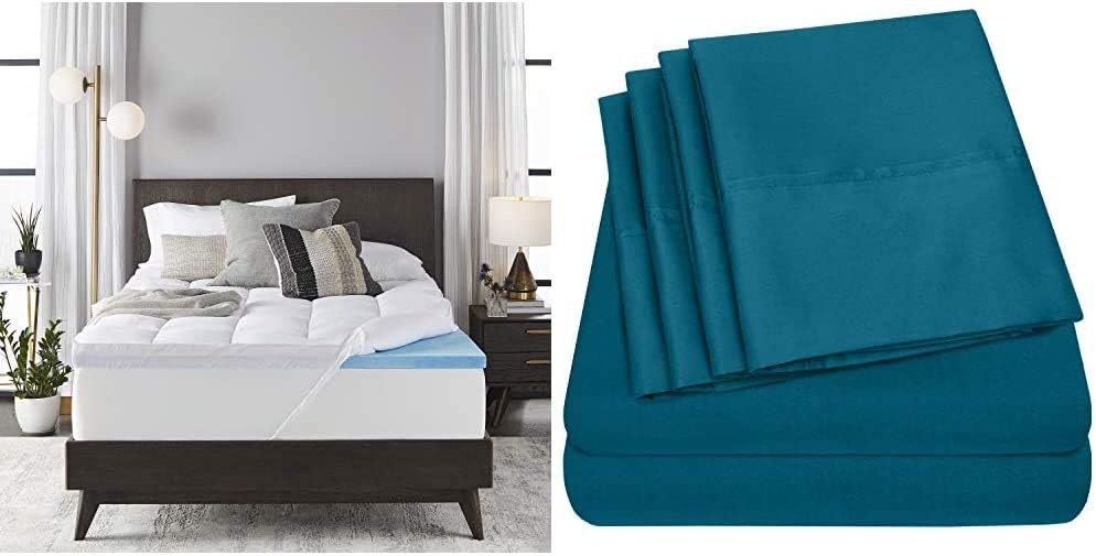 Sleep Innovations 4-inch Dual Layer Gel Memory Foam Mattress Topper Enhanced Support, Queen & Sweet Home Collection Queen Sheets-6 Piece 1500 Microfiber Deep Pocket Set-2 Extra Pillow Cases, Teal