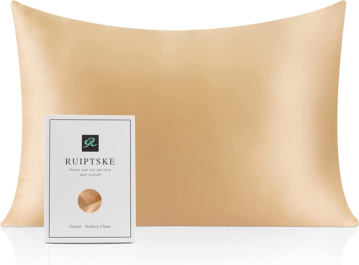 RUIPTSKE Natural Silk Pillowcase, Hypoallergenic, 22momme, 100% Silk, 600 Yarns, with Hidden Zipper (Champagne, 50 x 90 cm)