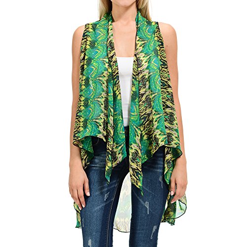 Basico Women's Open Asymmetrical Hem Print Chiffon Vest Cardigan (Large/ Xlarge, Vest #201)