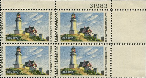 MAINE LIGHTHOUSE AT TWO LIGHTS ~ EDWARD HOPPER #1391 Plate Block of 4 x 6 US Postage Stamps