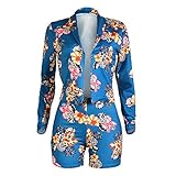 Tracksuit Women Long Sleeve Tropical Floral Blazer Jacket Coat + Shorts 2 Piece Set Suit African Dashiki Slim Fit Blue, X-Large