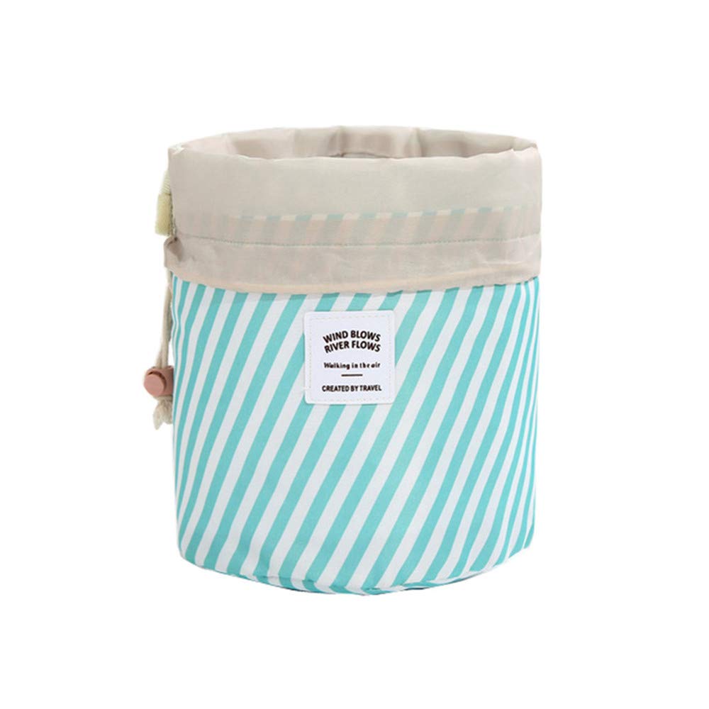 Makeup Bags for Women, Waterproof Round Travel Drawstring Make Up Organizer Cosmetic Bag (A Blue Stripe)