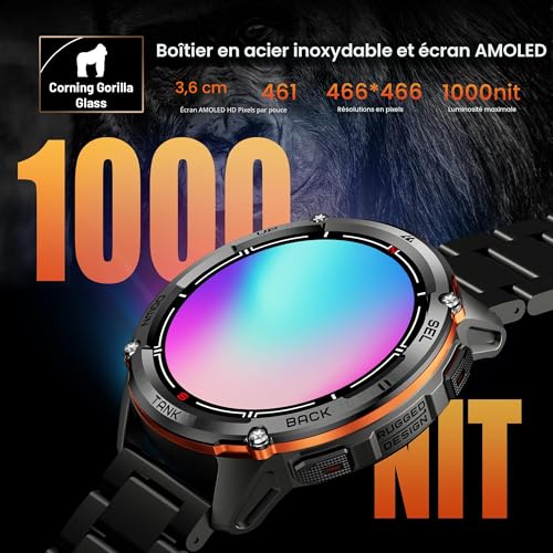 KOSPET Tank T3 Ultra 2 GPS Montre Connectée Homme- 60 Jours d'Autonomie Acier Inoxydable 50ATM Étanche, Boussole Altimètre Appel, Appel Bluetooth