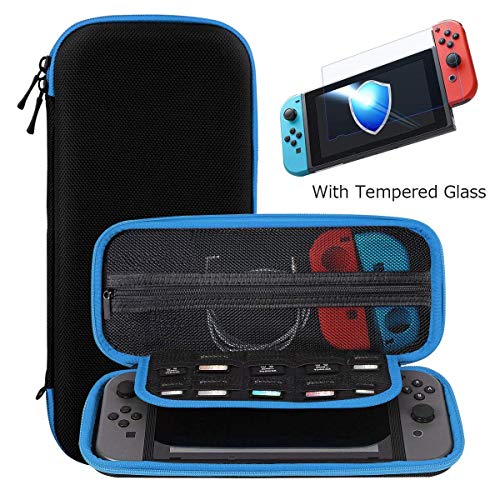Ztotop Case and Tempered Glass Screen Protector for Nintendo Switch, Portable Travel Carrying Case Slim Protective Hard Shell Pouch for Switch Console & Accessories (10 Game Holder), Blue Cotton