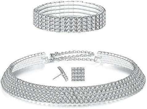 1/2/3/4/5 Row Wedding Crystal Rhinestone Bridal Necklace Earrings and Bracelet Jewelry Set