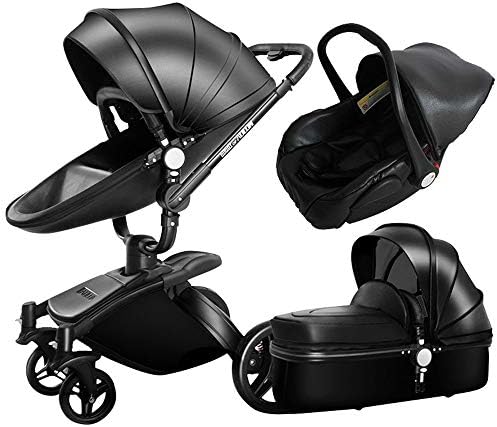 Luxury 3 in 1 Baby Stroller/Pram, PU Leather Pushchair+ Sleeping Basket + Car Seat, 360° Rotation, Bidirectional, Baby Trolley (Black)