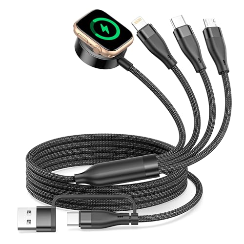 4 in 2 Multiple Charging Cable with Apple Watch Charger, 60W Fast Charging 1.2M Nylon Braided Compatible with iWatch Ultra/SE/11/10/9/8/7/6, for iPhone 17 16 15 14 Pro MAX/Pro/Air and Samsung Series