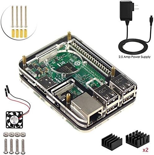 Starter Protective Raspberry Pi 3, RPi 2 Model B Kit (5V/2.5A Power, 5 layer Black Acrylic Case, HeatSink Cooler, Mini fan), Double Cool
