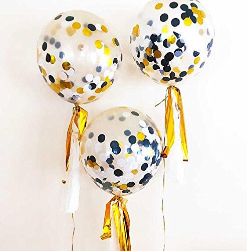 12 Pack 12 inch Confetti Balloon Kit with Metallic Confetti in Black & Gold For Party Decoration