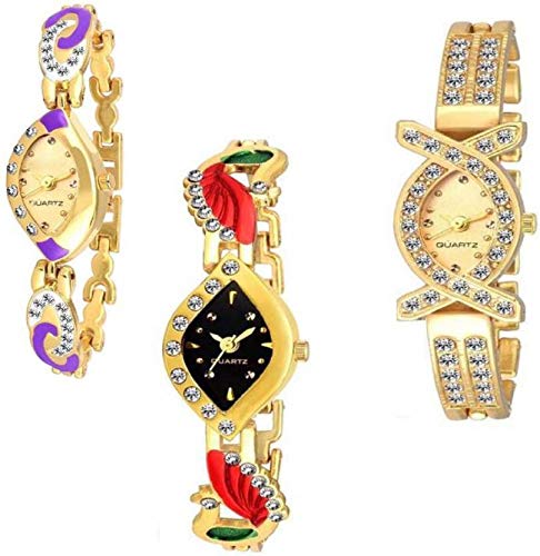 Harmi Golden~Colour Metal Strap Partywear+Casual+Formal Combo of 3 Watch - for Girls