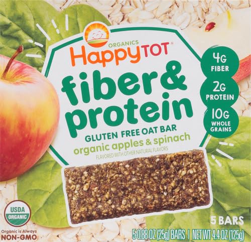 HAPPY TOT ORGANICS FIBER & PROTEIN SOFT-BAKED OAT ORGANIC TODDLER SNACK APPLE & SPINACH, ORGANIC GLUTEN FREE KOSHER NON-GMO, 4.4 OUNCE BARS (PACK OF 5)
