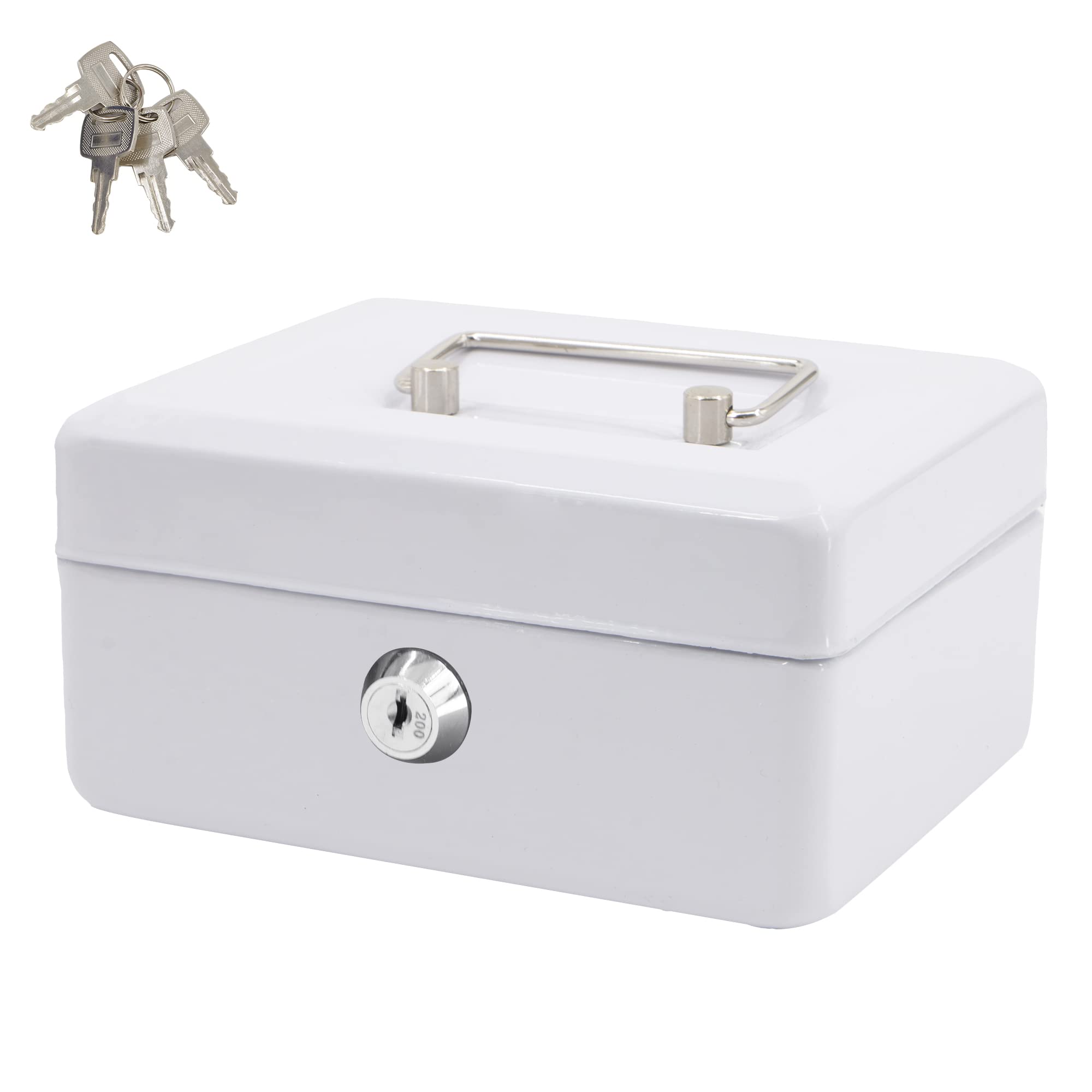 Time to Sparkle 6 inch Small Lock Box Money Safe with Tray for Cash Metal Saving Box Lock and Key with Stainless Steel Handle 15 * 12 * 8cm White