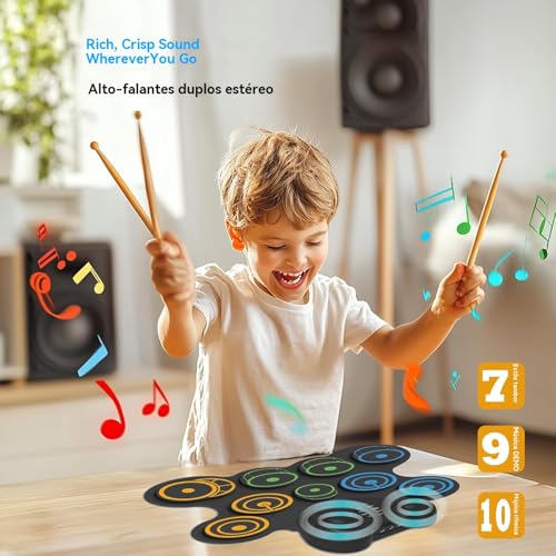 VEDO Bateria Eletrônica Infantil 10 Pads Sensíveis, Alto-Falantes Duplos, 2000mAh Bateria Recarregável, MIDI e Conexão para Fones - Kit Musical Portátil com 9 Músicas Demo e 10 Ritmos Crianças
