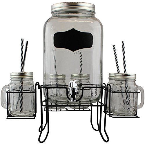 Pakkon 8 Piece Mason Jar Drink Dispenser Set With Stand, 2 Gallon Glass