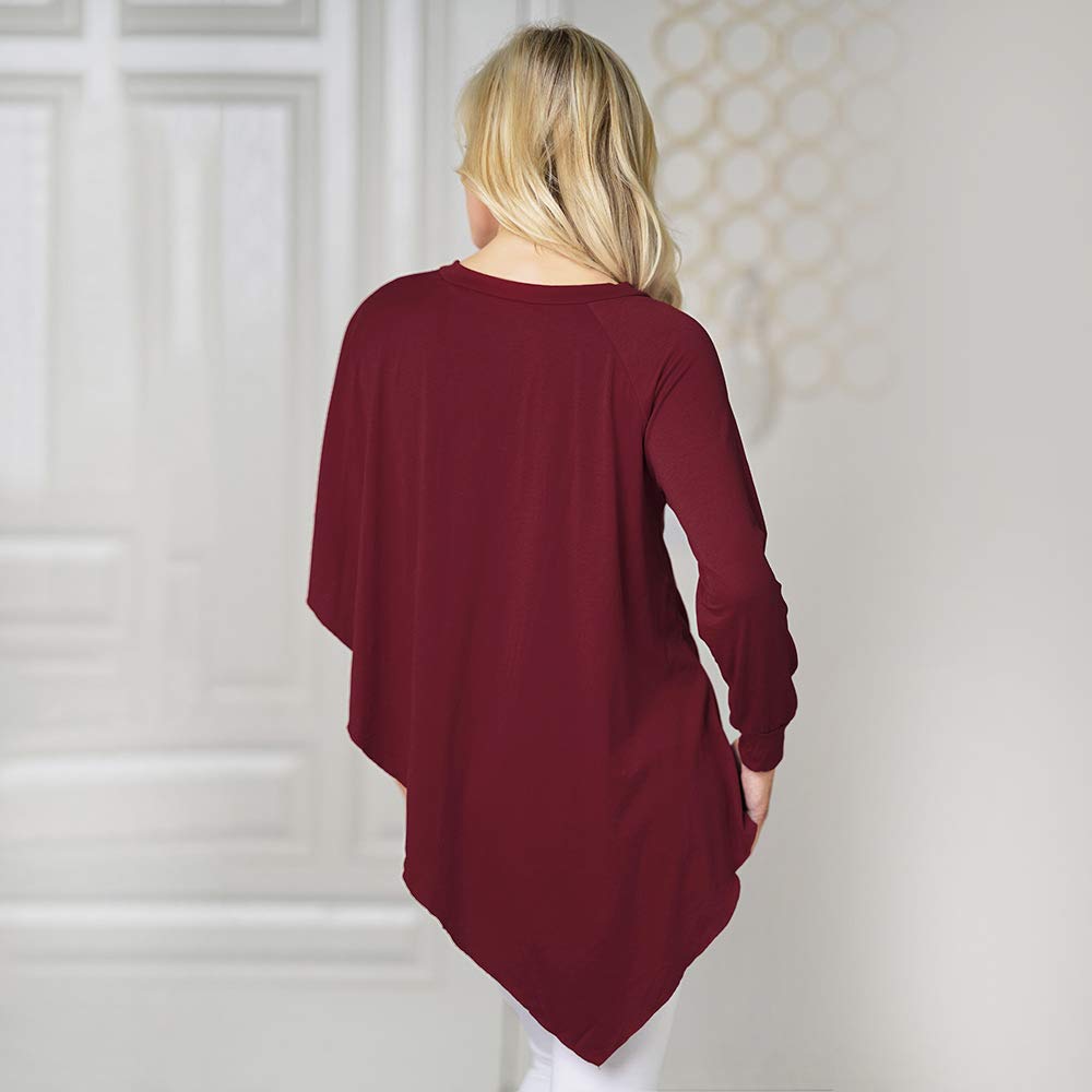 ENIDMIL Women\'s Casual Loose Long Sleeve Blouse Irregular Top V Neck T-Shirt (Wine Red, L)