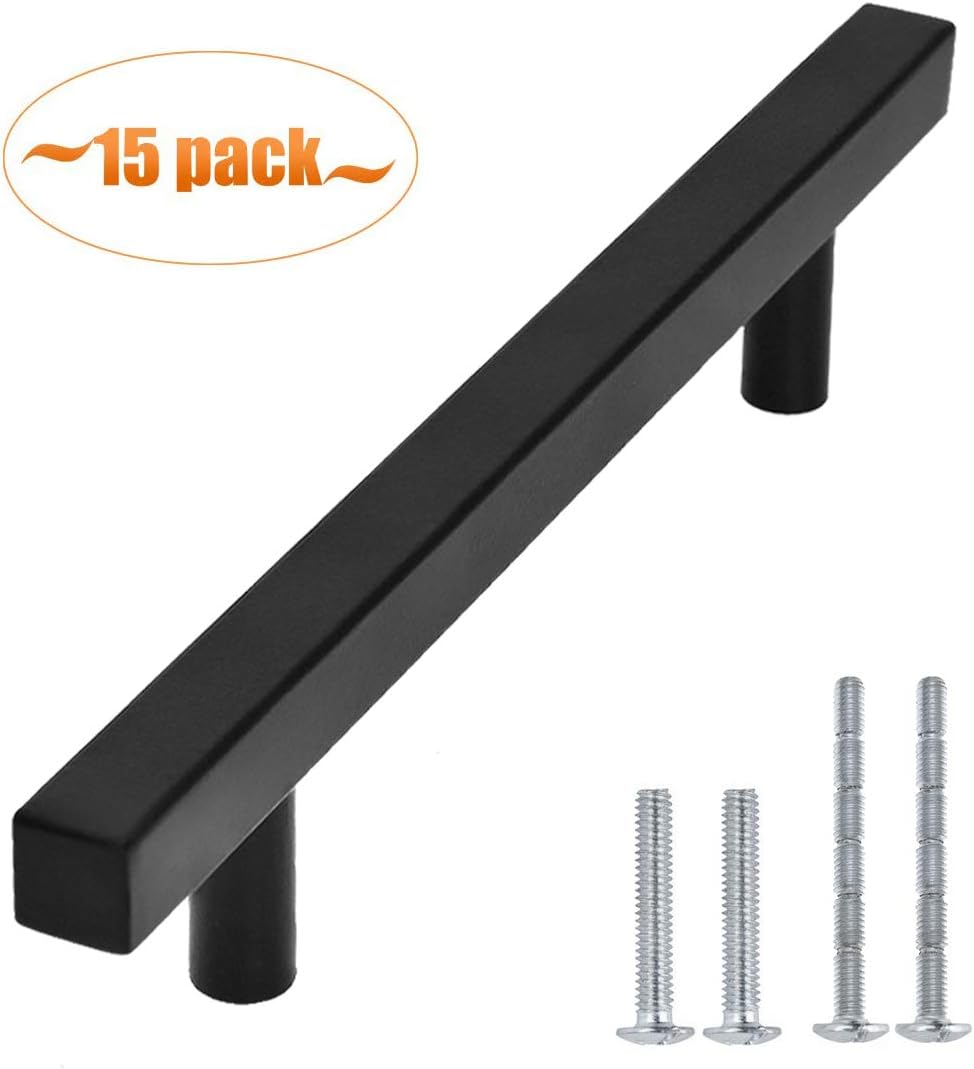 Aybloom Cabinet Handles - Pack of 15 Black Square T Bar Kitchen Cabinet Handles Drawer Pulls for Kitchen Furniture Hardware (Overall Length: 7-1/2'', Hole Center: 5")