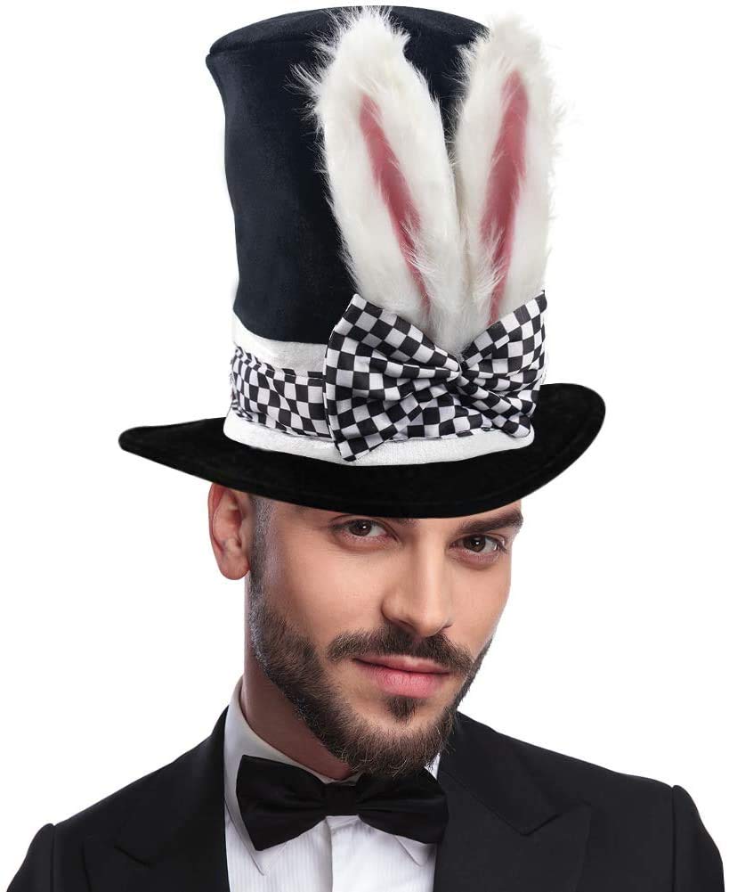 Easter Hat Bunny Ear Black Top Hat White Rabbit Topper Plush Hat for Easter Party Costumes Vampiress Hat Victorian Hat for Men Costume Hat Coachman Dress Up Hat Ear Top Hat Velvet Hat Easter Bonnet