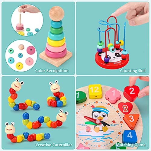 AM ANNA Montessori Toys for 1 2 Year Old Boys Girls, 6 In 1 Kids Wooden Toys Toddler Toys Includes Stacking Sorting Xylophone Bead Maze Baby Boy 3-6 Year,Preschool Educational Toy Gifts