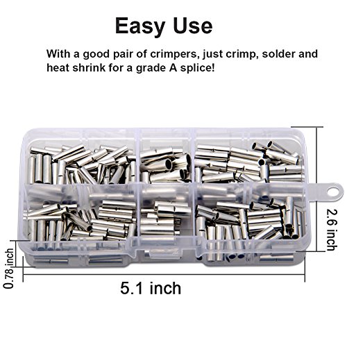 220pcs Non-Insulated Butt Connectors, 22-18/16-14/12-10 AWG Gauge Uninsulated Electrical Wire Ferrule Cable Crimp Terminal Kit with Storage Case for DIY by MILAPEAK