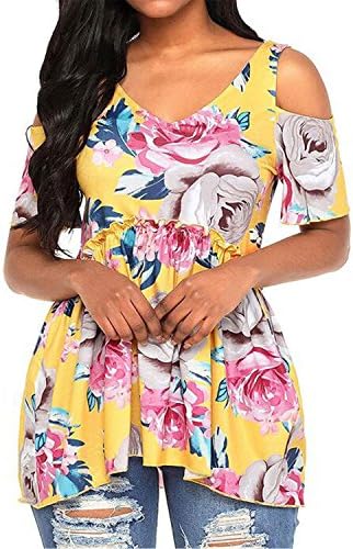 PORALA Women's Summer Floral Print Cut Out Shoulder Short Sleeve Loose T-Shirt Tops,Yellow,Medium/US(8-10)