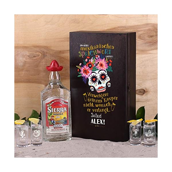 Herz & Heim® Sierra Tequila Geschenk Set personalisiert mit Ihrem Wunschnamen bekommen Sie 4 graviertem Schnapsgläser… – Bild 3