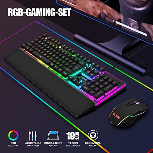 RedThunder K10 Gaming Keyboard and Mouse Set, QWERTZ DE Layout, Metal Plate and Wrist Rest, RGB Backlight and 7D with Ergonomic for PC Gamers (Black)