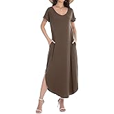 Matchstick Loose Fit Long Maxi Dress for Women V Neck Short Sleeve Sundress with Side Split Pockets Flowy Beach Dress