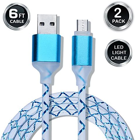 Lightning Cable, HelloEdge Micro USB Charging Cable 6FT LED Light Blue Night Light High Speed USB 2.0 Male to Micro Charging Cable for Android, Samsung, Blackberry and More (2 Pack) (Blue)