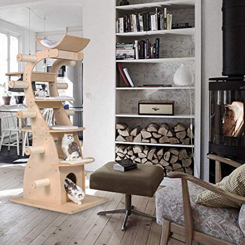 Good Life 63" Modern Design Cat Tree House with Scratching Post Tower - Deluxe Solid Wood Indoor Furniture - 6 Floors Kitty Condo Climbing Play Center with Hammock Perch Cave and Ten Sisal Columns