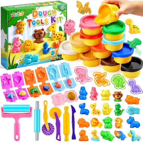 BYHANO 39 Pieces Playdough Set, Tools Plasticine for Children with 12 Colours of Dough, Plasticine Molds with 3D Dinosaurs and Animals, Gift from 3 Years