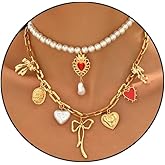 Gold Bowknot Heart Pendant Necklace for Women,Vintage Layered Pearl Statement Choker,Dainty Paper Clip Chain Necklace,Trendy Party Jewelry Accessories