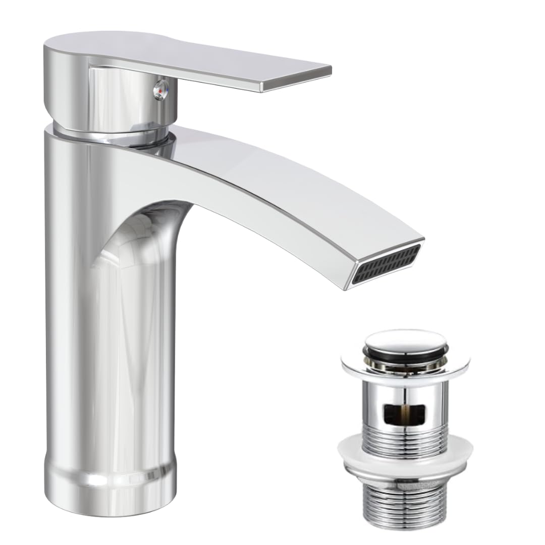 NECT Bathroom Taps - Waterfall Chrome Basin Taps with Water-Saving Aerator, Pop-up Waste & UK-Standard Hoses, Modern Round Monobloc