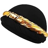 Turban for Men Halo Head Wraps Elastic Silky Satin Lined Turban Durag with Gold Twisted