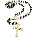INBLUE Men,Women's Stainless Steel Rubber Pendant Necklace Gold Tone Black Virgin Mary Jesus Christ Crucifix Cross Rosary 26 Inch Chain