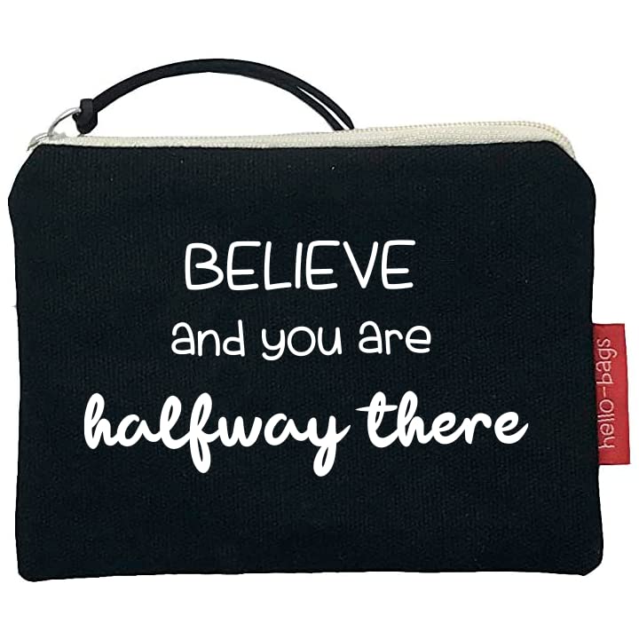 Hello-Bags. Purse Bag/Wallet/Card Holder. Outer: 100% Cotton. with Zip and Inner Lining. Includes Kraft Gift Envelope. Model: Believe. Colour: Ecru/Black. 14 x 10 cm., Black/White, Contemporary