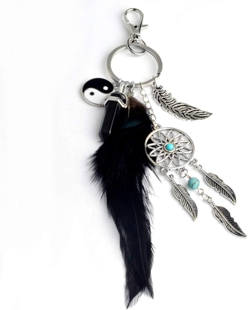 Gudelaa Bohimia Keychain Dream Catcher with Feather Tassel Yin Yang Pendant Key Ring Keyring