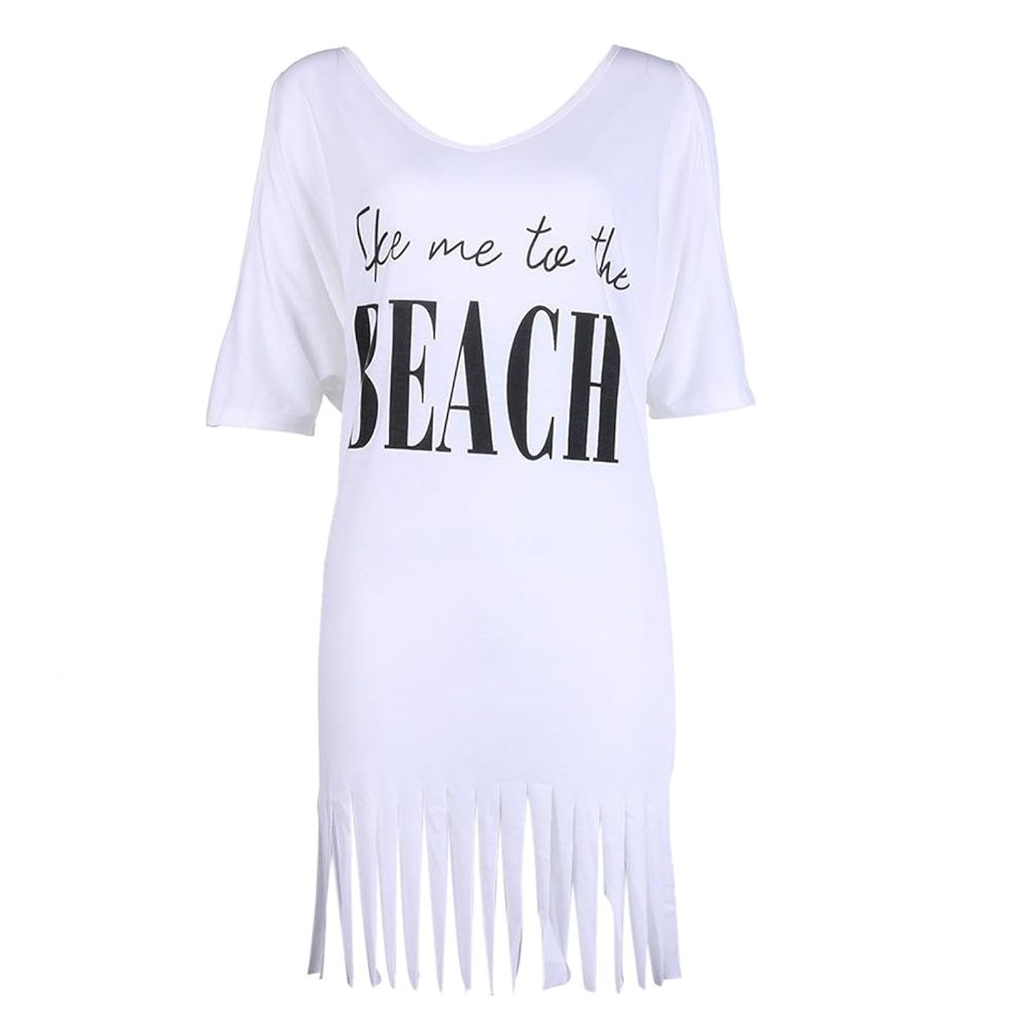 vodool women cold shoulder letter print tassel beach bikini cover-ups t-shirts
