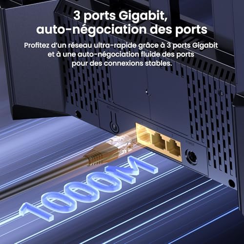 RE3L Routeur Wi-FI 7 BE3600 Double Bande, Wi-FI Maillé, Ports Gigabit WAN/LAN, 5 Antennes Verticales, 4K-QAM, MLO, NFC, VPN, WPA3, Contrôle par Application