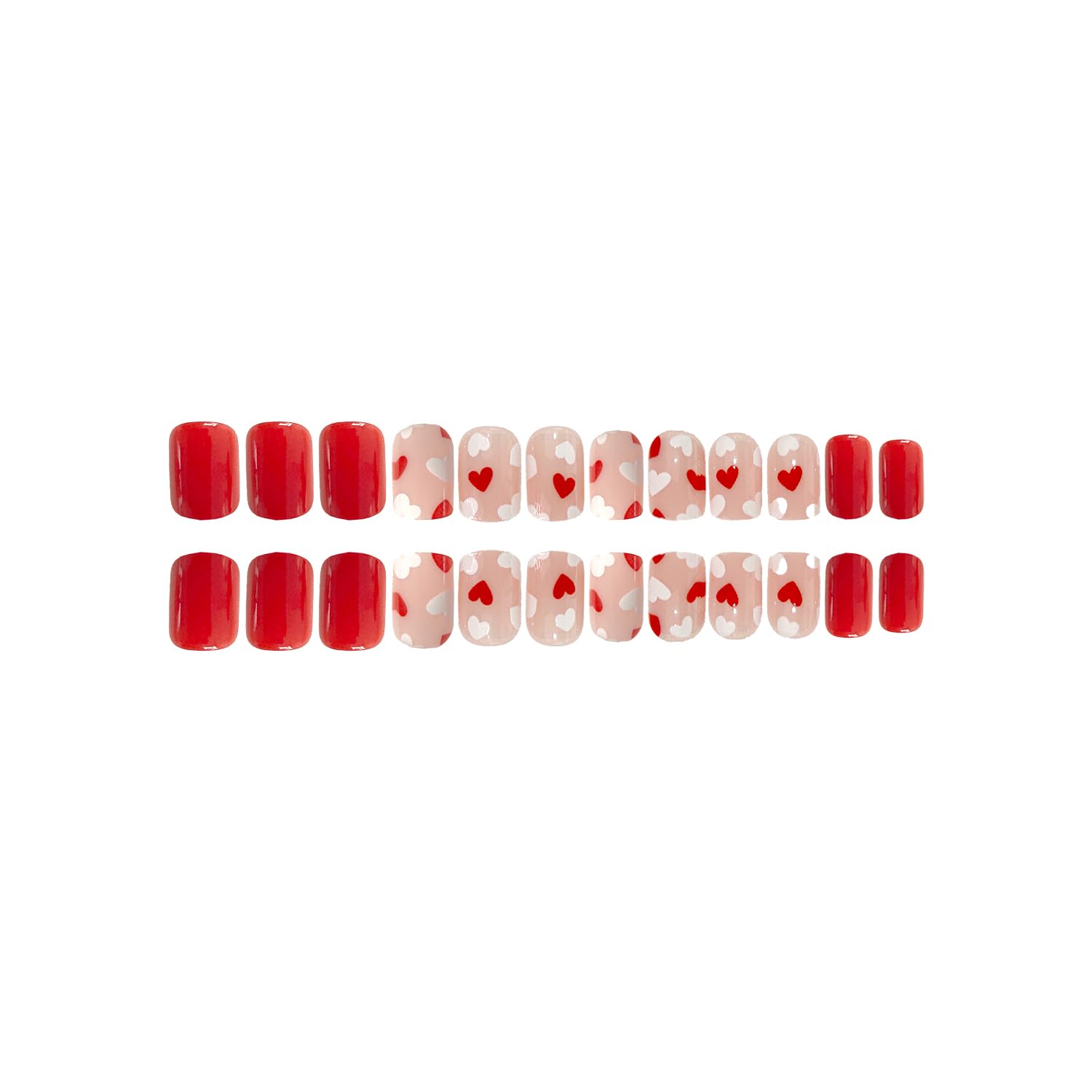 OCOUYVD Heart Press on Nails Short Square Valentines Fake Petite Red Stick on Full Cover False With Red White Heart Designs Acrylic Glossy Artificial for Women Girls - Image 3