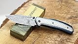 Buckshot Knives Thumb Open Spring Assisted Stainless Steel Titanium Handle with 3D Etched Inlay, Etched Damascus Wave Blade Pocket Knife (PBK215BL)