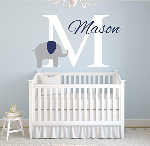 Custom Name Elephant Wall Decal Baby Boy Nursery Decor Vinyl Art (34"W x 22"H)
